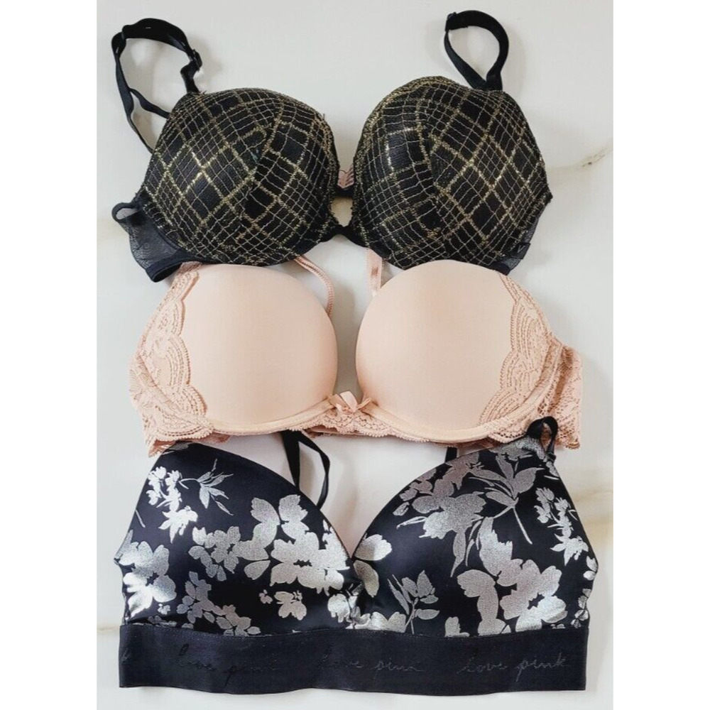 VICTORIA SECRET PINK NO WIRE AND WIRE PUSH BRA 32C LOT OF 3
